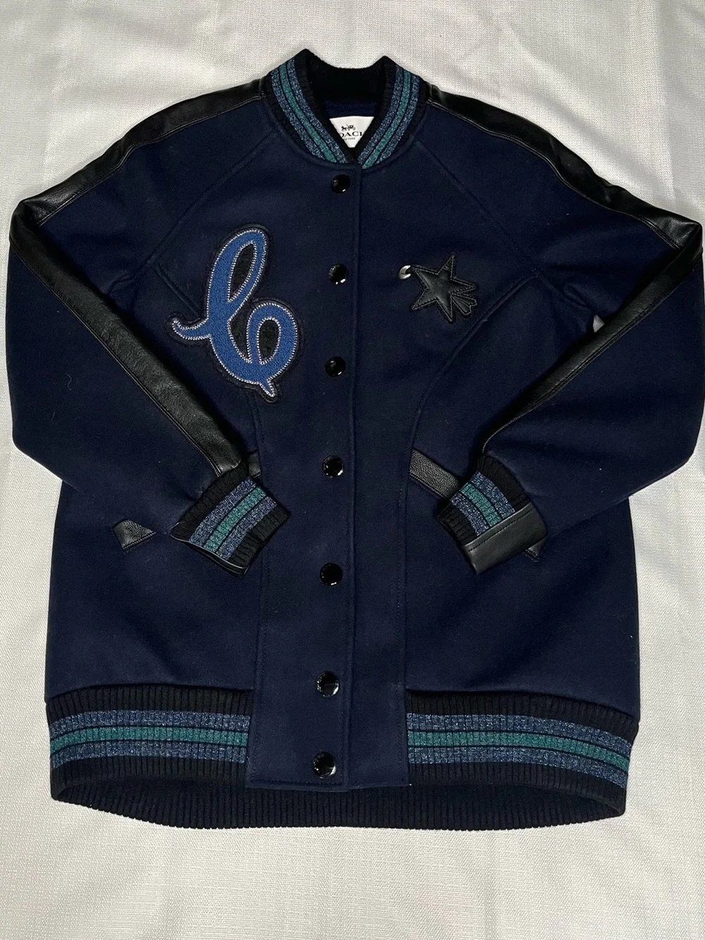 Coach Wool Varsity Letter Bomber Jacket Navy Blue with Black Leather Trim